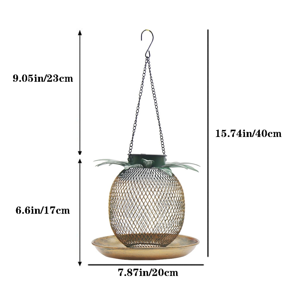 Solar Pineapple Shape Bird Feeder with LED Weather Resistance Hanging Design Metal Bird Food Container Outdoors Hanging Garden Yard Backyard Terrace Decoration