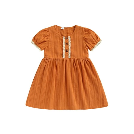 

Nokpsedcb Infant Patchwork A-line Dress Baby Girls Contrast Color Puff Sleeve Round Neck One-piece Skirt Brown 3-6 Months