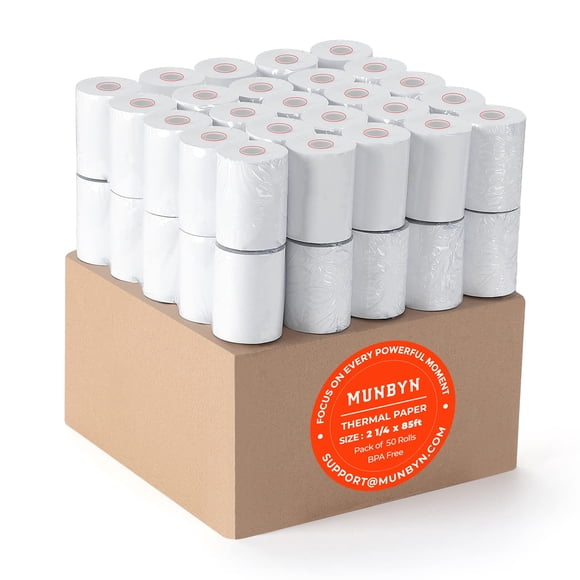 Papel térmico para recibos MUNBYN 57 mm x 26 m (50 rollos) sin BPA