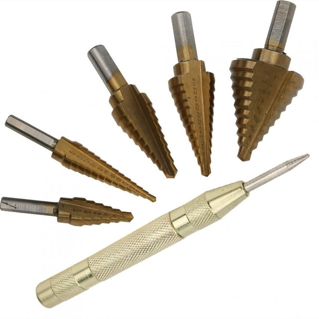 Octpeak Étape Perceuse, 6pcs Étape Foret Ensemble avec Poinçon Acier à Grande Vitesse Foret Ensemble Étagé Outil de Forage, Étape Foret Ensemble avec Poinçon