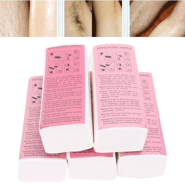 tiras de cera para depilación, papel para depilación, tira de cera para depilación para brazo, brazo, tiras de cera fria for hombres/sets axila, papel depilatorio amonsee no Producto de importación 500 piezas apiladas, vista frontal centrada de tiras rectangulares rosadas con instrucciones impresas y extremos blancos; close-up que indica tamaño aprox. 20 x 7 cm, diseñadas para usar con cera depilatoria y retirar vello de brazos y axilas, fondo blanco.