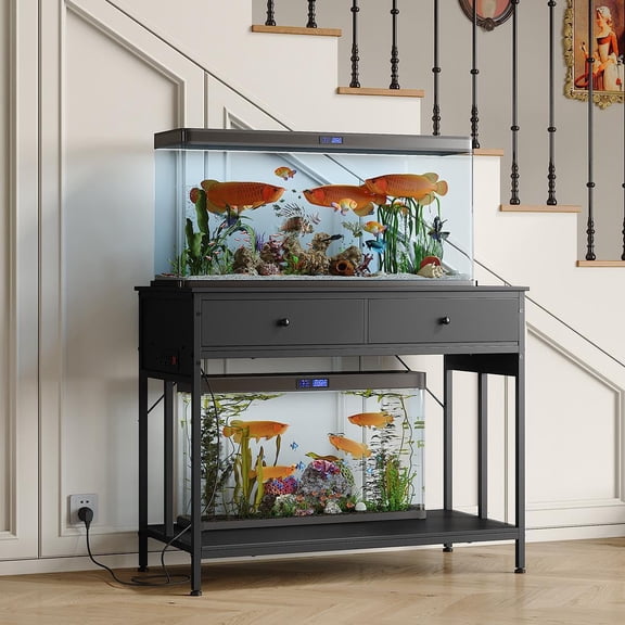 Kselythan 40-50 Gallon Fish Tank Stand,2-Tier Aquarium Stand With Power Outlets,Metal Frame Terrarium Stand With Storage Shelf,Drawers,Adjustable Height,Turtle Tank Stand For Home Office