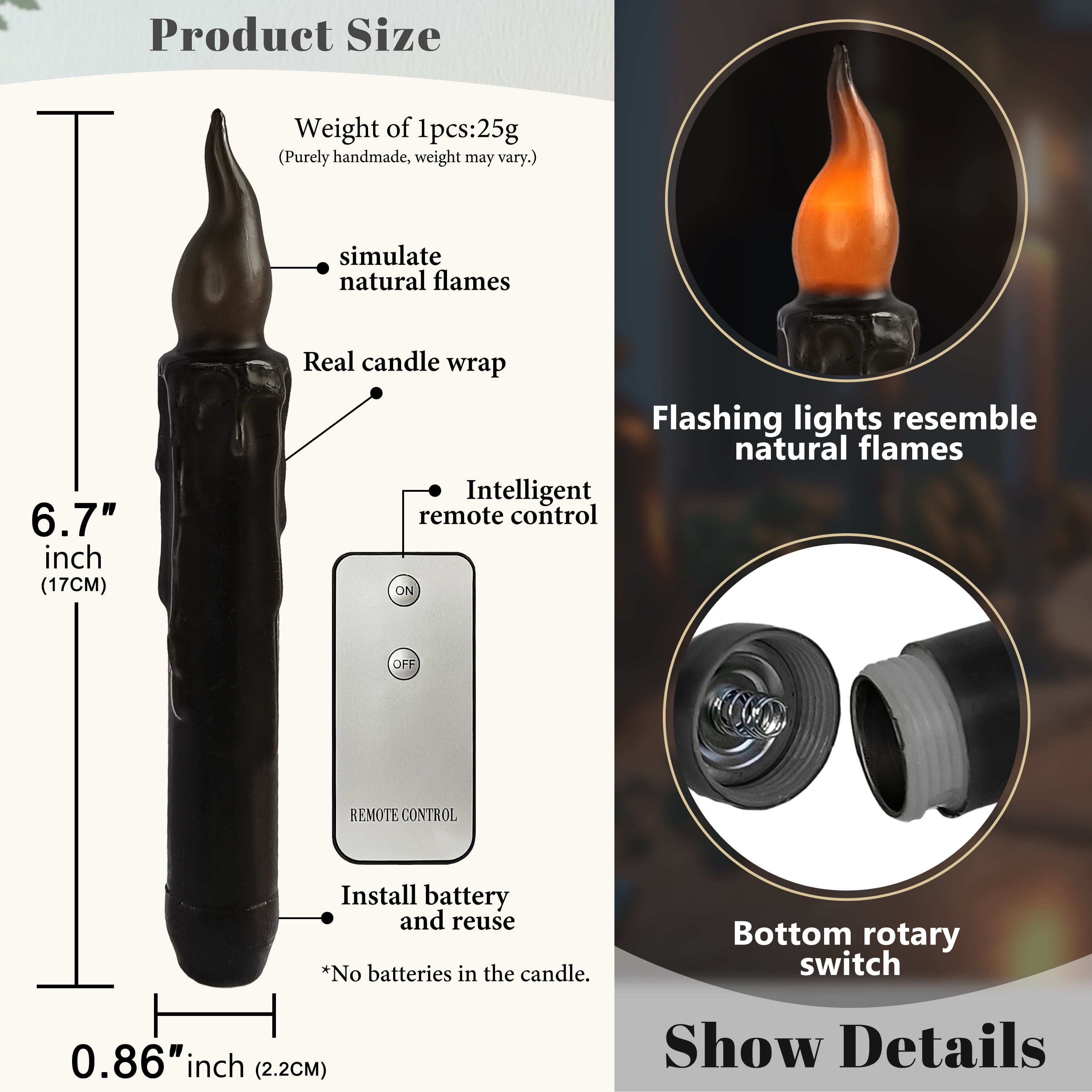 Flameless Candle Taper Candlesticks,4pcs Real Wax LED Tapered Dipped Candles 6 INCH Battery Powered Chandelier Remote Candle Sticks for Weddings Vigil Harry Potter