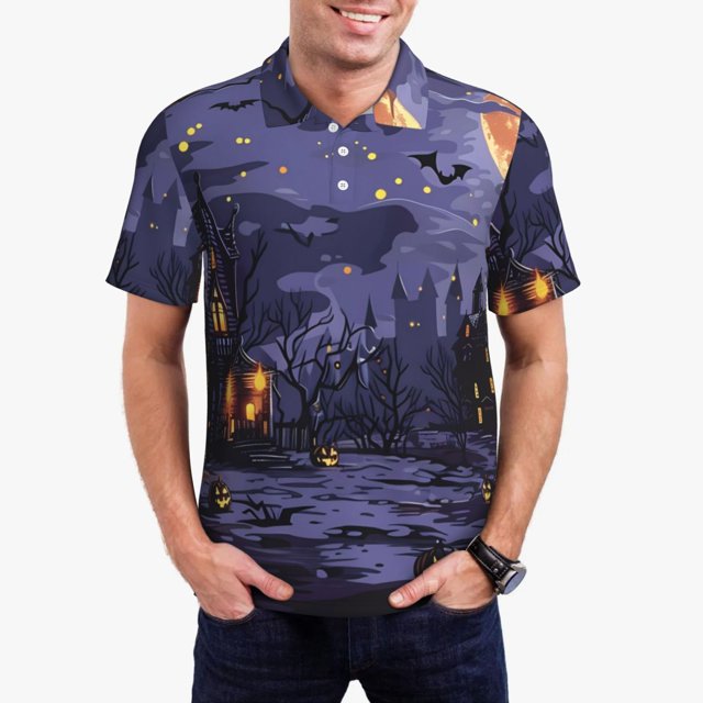 Fotbe Mystery House Halloween Night Camiseta Polo de Golf para Hombre con Estampado – Camisa Deportiva Transpirable con Cuello Abotonado-4X-Large