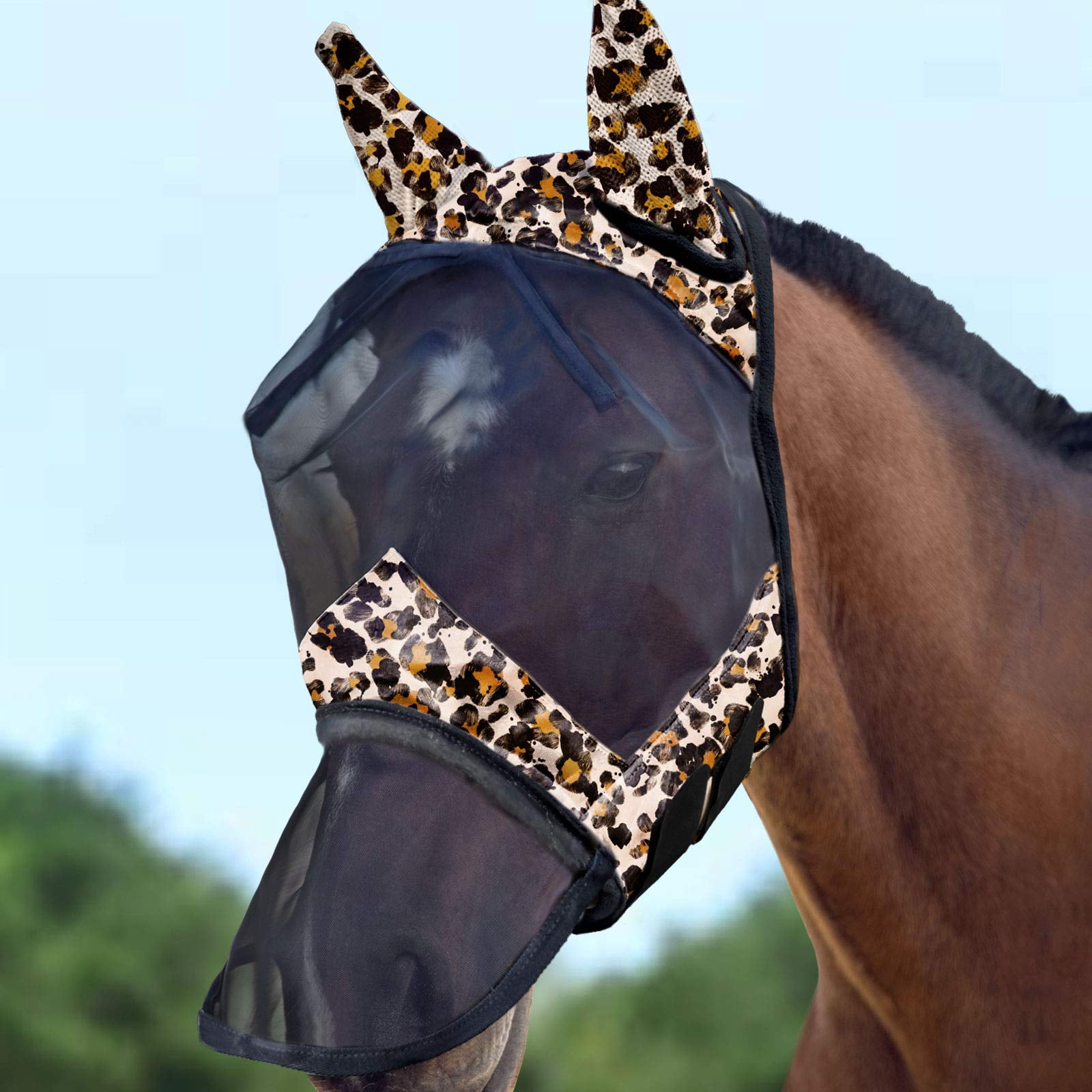 Harrison Howard LumiVista Horse Fly Mask Long Nose with Ears UV Protection for HorseLeopard