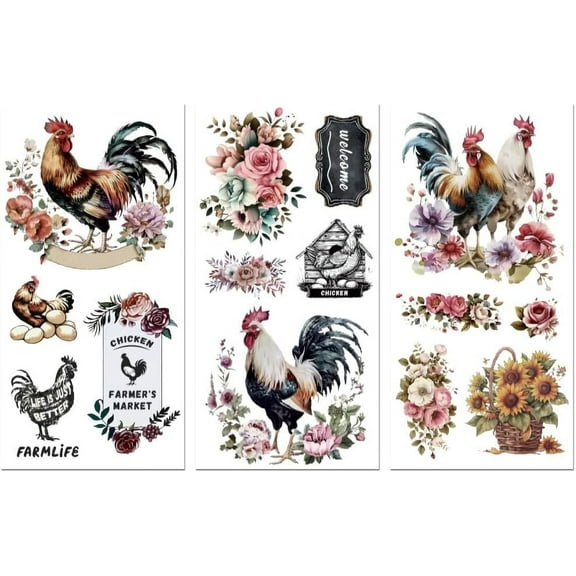 Rub on Transfer Decals for Furniture Crafts 6"x12" 3Pcs Waterproof UV Transfer Decals Sticker for Dresser Glass Porcelain Paper Wood Kitchen Refrigerator Decor(Colorful Chicken) White