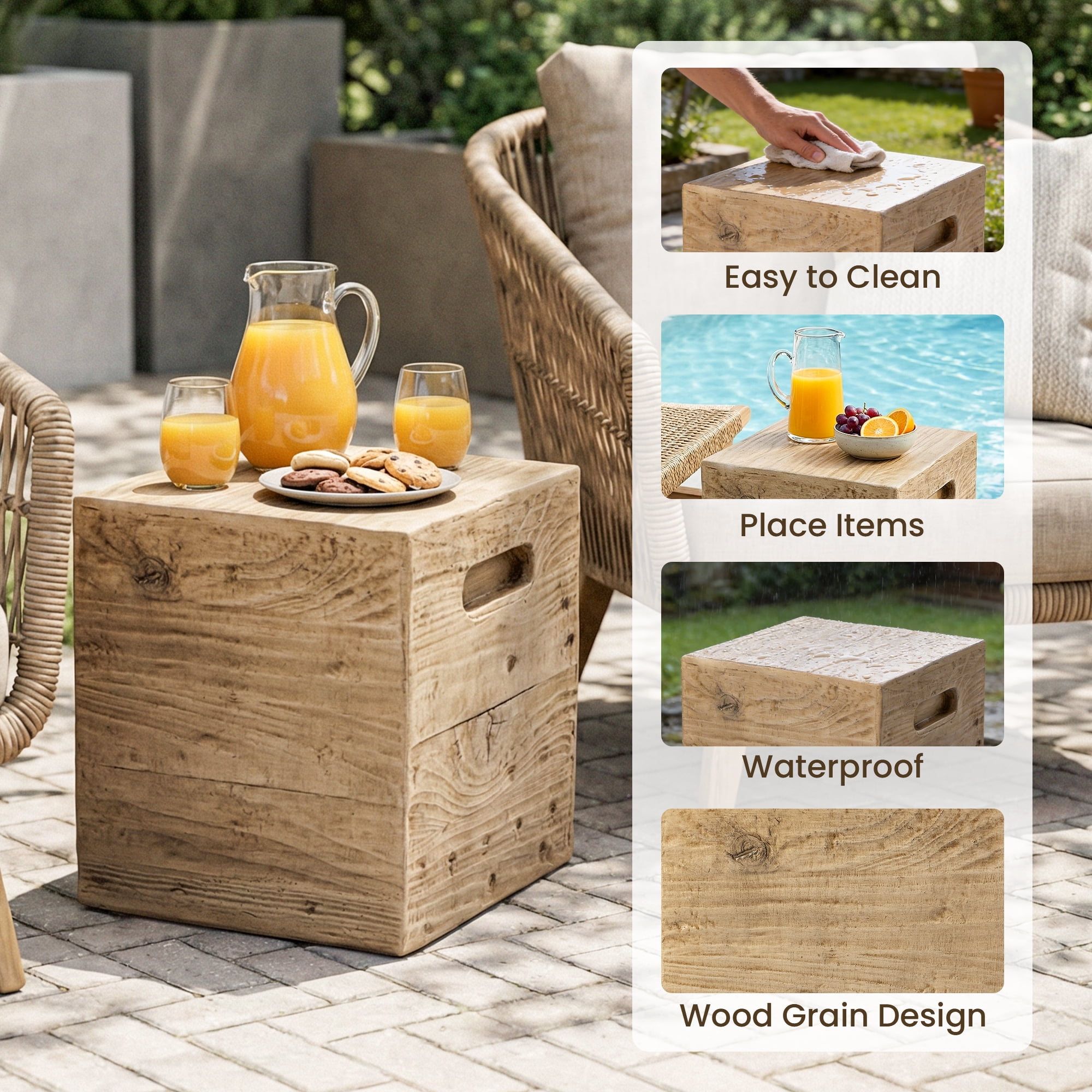 MOALCOFER Concrete Outdoor side table with Faux Wooden,Morden Small Patio End Table