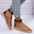 thumbnail image 4 of Sandals for Women Flat Denim Cloth Band Open Toe Sandal Buckle Ankle Strap Espadrille Sandals Vacation Beach Shoes, 4 of 5