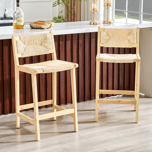 ExtraLco Set of 2 Woven Bar Stools Natural Wood Solid Wood Counter Height Chairs with Rope Seat and Footrest for Kitchen Island