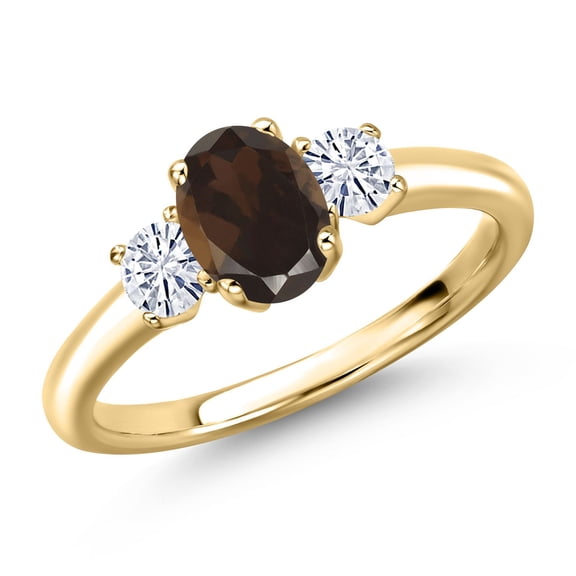 Gem Stone King 10K Yellow Gold Brown Smoky Quartz and White Moissanite Engagement Ring for Women | 1.07 Cttw | Oval 7X5MM | Gemstone Birthstone | Size 8