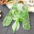 thumbnail image 6 of Retro Floral Chiffon Cardigans Womens Tie Front Sheer Cardigan Cover Ups Lightweight Lantern Sleeve Elegant Shirt Tops Green, L, 6 of 6