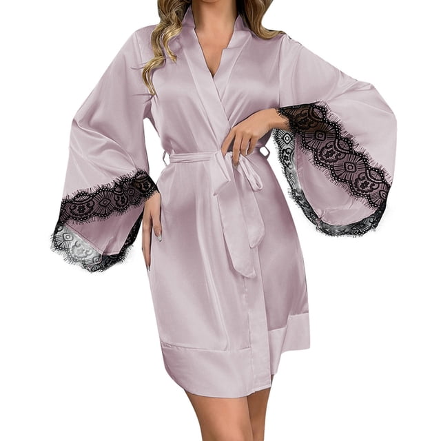 Bata de seda para mujer con ribete de encaje corto, bata de satén con mangas 3/4, bata de novia sexy estilo kimono