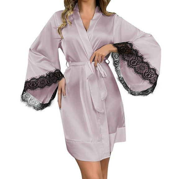 Women Silk Robe Short Lace Trim Satin Robe 3/4 Sleeves Sexy Kimono Bridal Robe Comfortable Nightgown