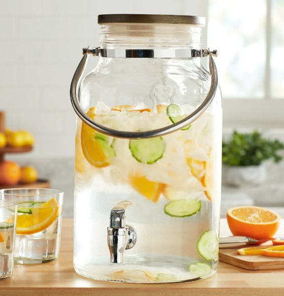 Home Trends Clear 1.5 Gallon Glass Beverage Dispenser with Wood Lid, Glass beverage dispenser