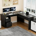 thumbnail image 6 of Homieasy L Shaped Desk with Power Outlets and USB Charging Ports, Lift Top Corner Computer Desk with Drawer, Large Office Desk with Storage Shelves, L Shaped Standing Desk for Home Office, Black, 6 of 7