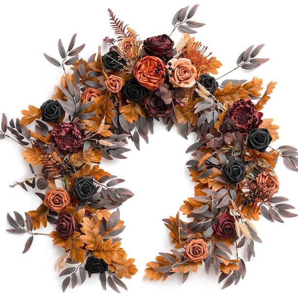 XmhyTop Guirnalda de eucalipto artificial de 6 pies con flores, vegetación falsa, enredadera floral de imitación, color negro