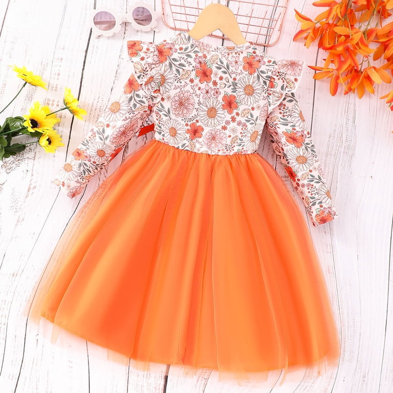 Kali_store Girls Winter Dresses Toddler Girl Dress Character Print Long Sleeve Playwear Dress Fall Outfit Orange,6-7 Years, Toddler Girl's