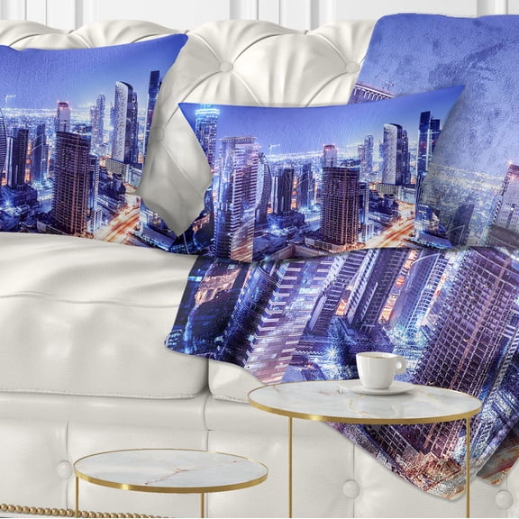 Designart Dubai Downtown Night Scene - Cityscape Photography Throw Pillow - 12x20