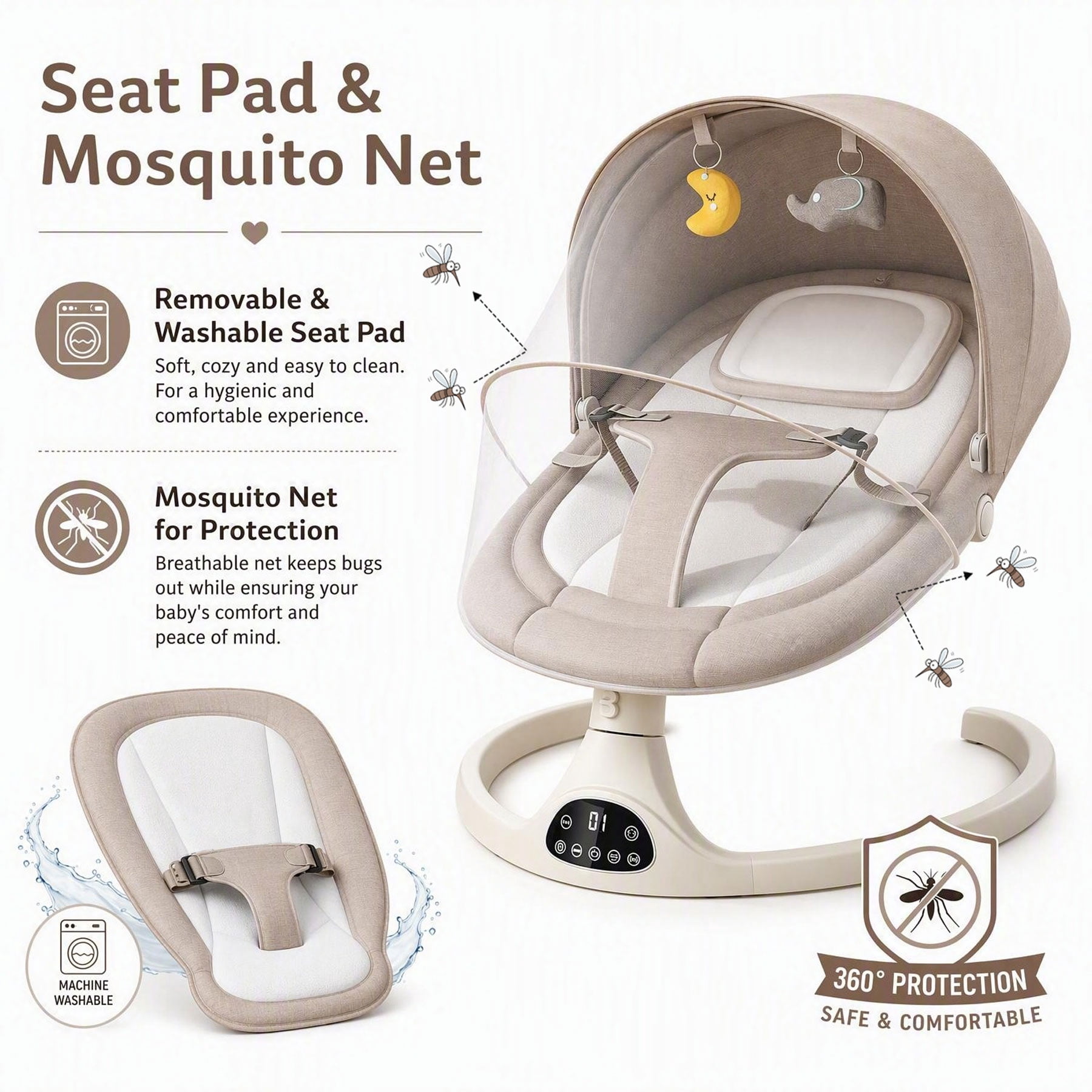 Oioane Electric Baby Swing for Infants, 5 Speeds & 3 Modes with Bluetooth Music, App Remote Control, Gray