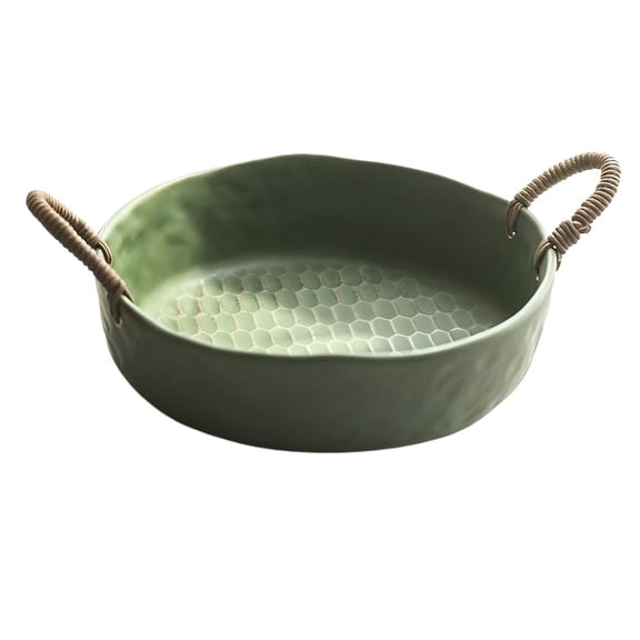 Ceramic Fruit Bowl with Rattan Handles Honeycomb Texture Decorative Serving Dish for Kitchen Dining