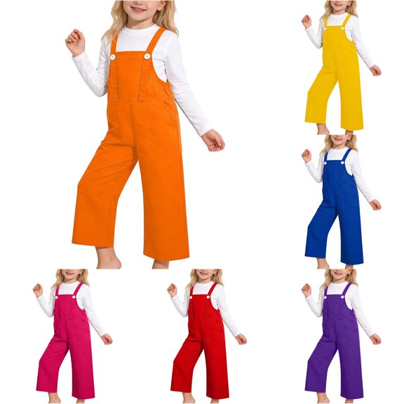 CUZIBR Girls Wide Leg Overalls Pants Button Strap Bib Jumpsuit With Pockets Soft Casual Pants For Kids Outdoor Walking Loose Fit Sleeveless Bottoms Suspender Trousers,Orange,8-9 Years
