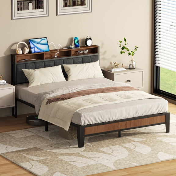 Lusimo Bed Frame Queen, Metal Platform Bed Frame with Fabric Upholstered Headboard and Charging Station No Box Spring Needed Easy Assembly, Gray