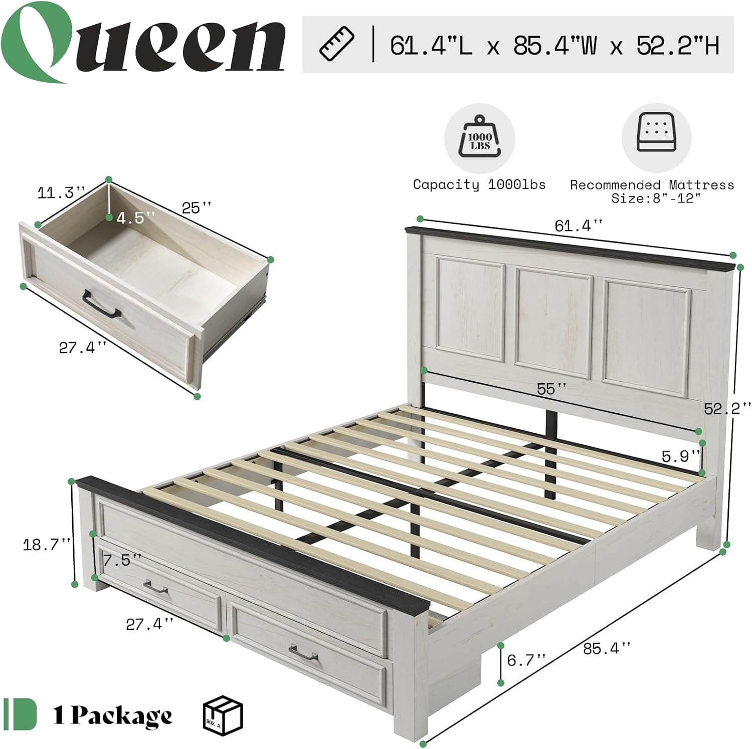 Merluxy Queen Size Farmhouse Bed Frame with 52.2" Wood Headboard & Storage Drawers, Rustic White