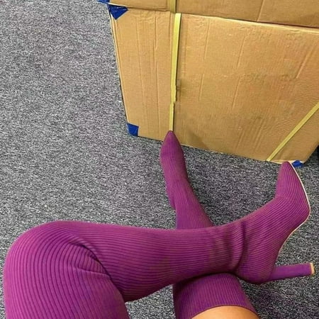 

MIASHUI Women High Heel Boots Autumn And Winter Fashion Comfortable Pointed Toe Thick Heel Stretch Knit Solid Color Autumn Winter Casual Shoes for Women