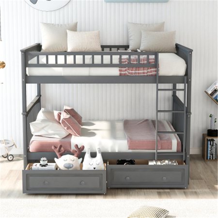 Gray Full Over Full Bunk Bed Frame with Drawers and Built-in Ladder  Convertible Wood Bunk Bed Can Be Converted Into Two Full Size Bed  No Spring Box Needed
