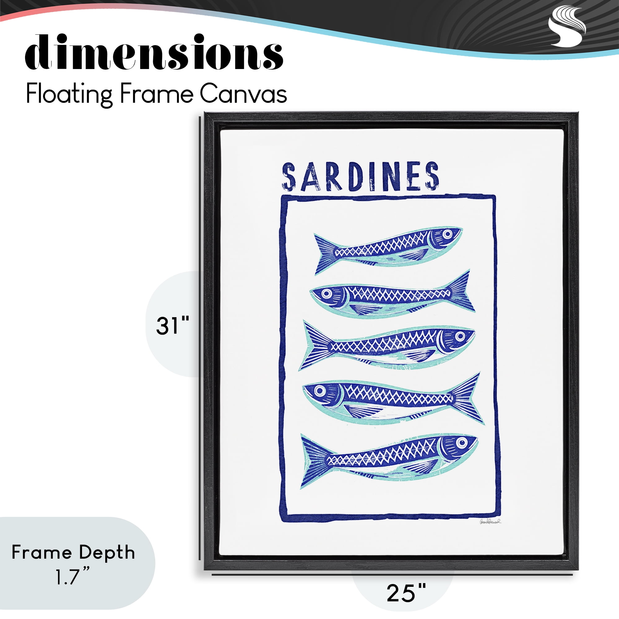 Stupell Industries Blocked Sardines Pattern Black Framed Floater Canvas Wall Art, design by Amanda Greenwood
