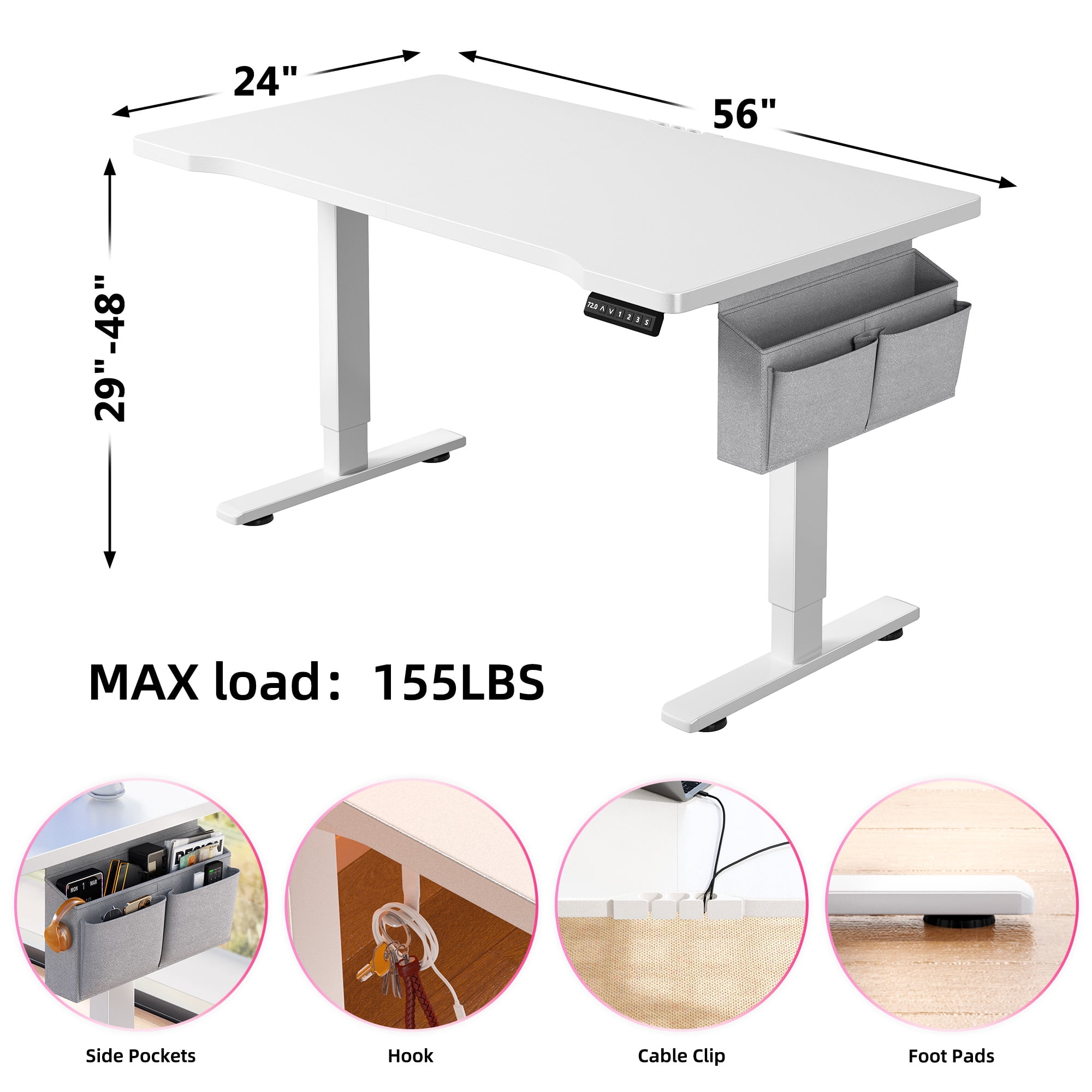 EnHomee Standing Desk Electric Adjustable Height Desks with LED, 48 x 24 Inch Computer Desk with 3 Memory Preset,Sit Stand Up Desks with Side Pocket and Cable Management,White