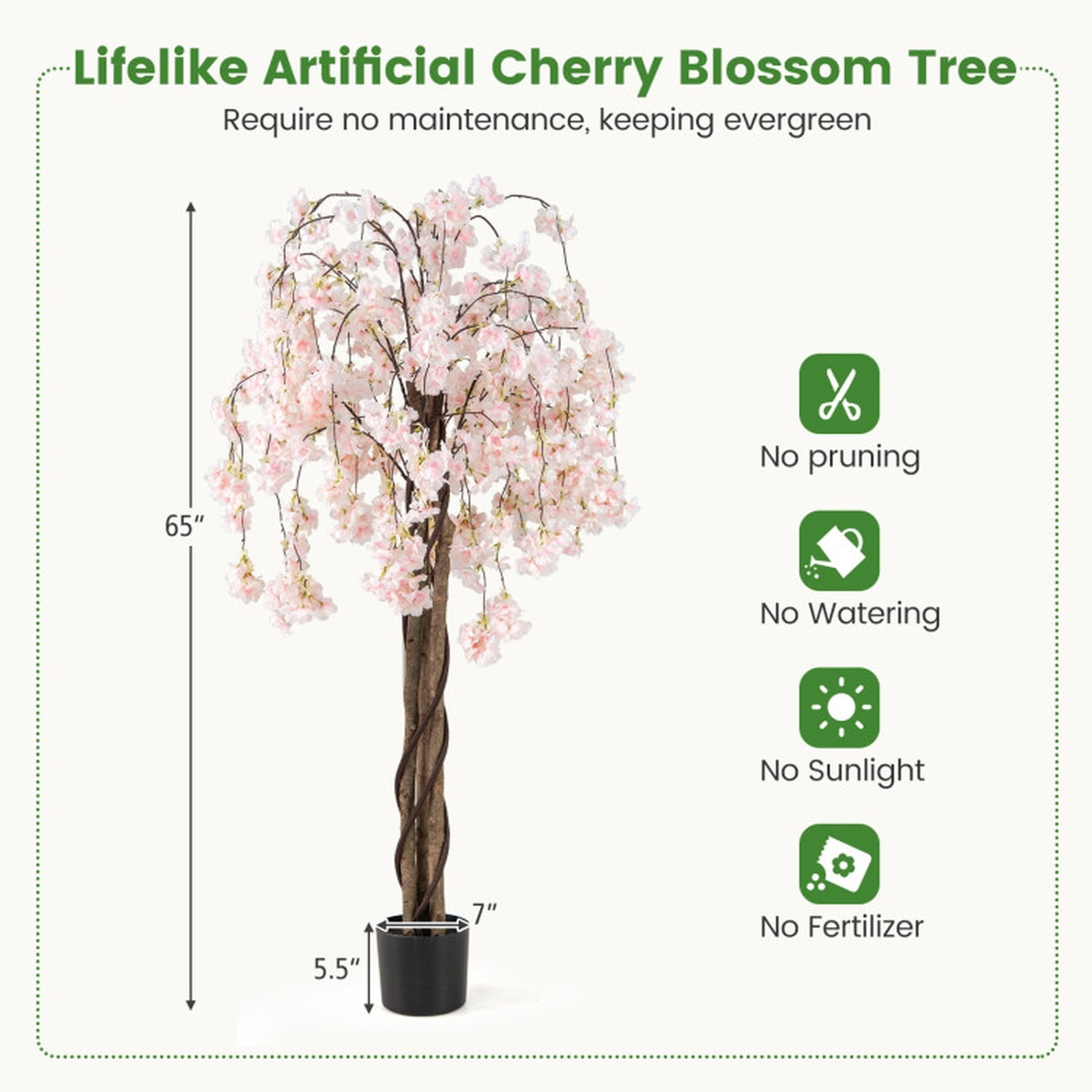 Vebreda Artificial Plant Decor, 5.5 FT Tall Artificial Cherry Blossom Tree with Pink/White Flowers 1 Pack, Realistic and Charming Appearance