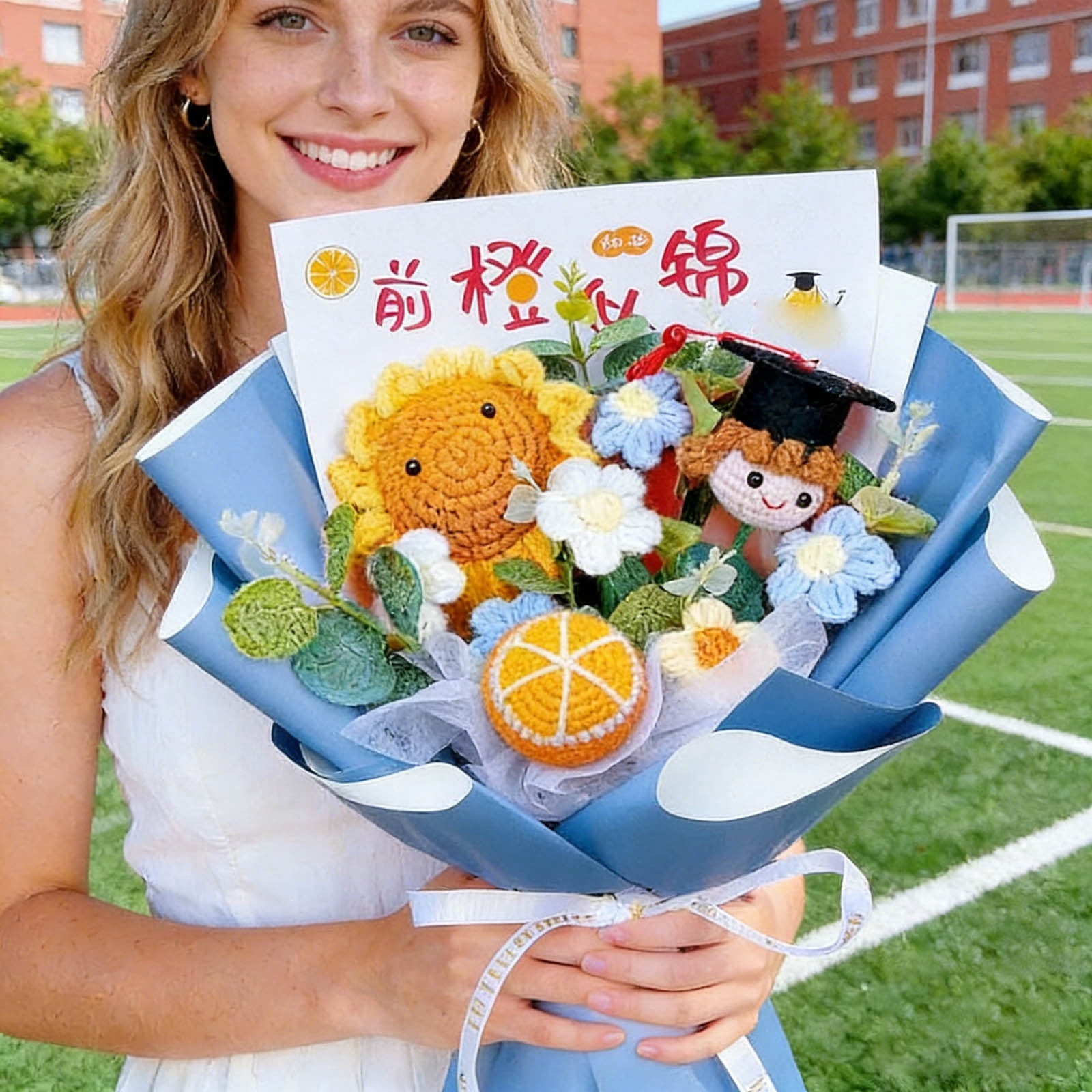 Graduation Gifts Crochet Flowers Bouquet, Handmade Sunflower Rose Bear Graduations Flower Bouquet for Birthday, Teacher Appreciation Gifts, Christmas, Home Decor Blue
