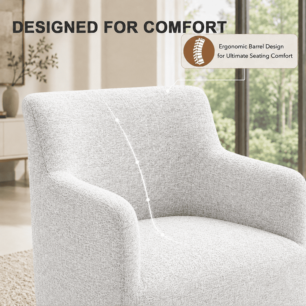 Aenkyo Upholstered Dining Arm Chair with Casters, Barrel Back Rolling Accent Chair, White