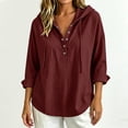thumbnail image 5 of Women's Long Sleeve Hooded Shirt Tunic Tops Textured Drawstring Hood Half Button Placket Loose Daily Shirts Red L, 5 of 5