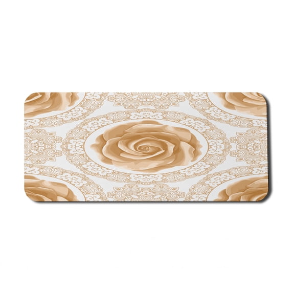 Floral Computer Mouse Pad, Rose Florets with Classic Graphic Lace Feminine Retro Oriental Motif, Rectangle Non-Slip Rubber Mousepad X-Large, 35" x 15" Gaming Size, Sand Brown White, by Ambesonne