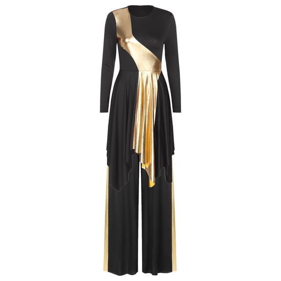 Kaerm Women Liturgical Praise Dance Outfit Metallic Gold Color Block Praise Dance Tunic with Pants Black S