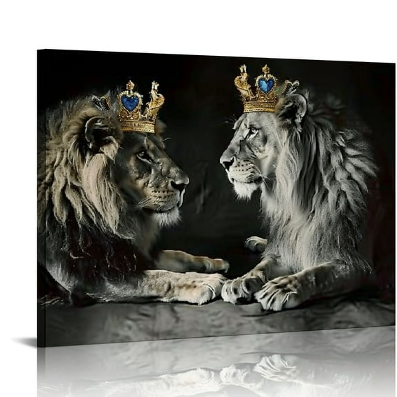 JRXY Black and White Lion Pictures Wall Decor King and Queen Lion with Gold Crown Wall Art Lion and Lioness Poster African Animal Canvas Prints Modern Framed Artwork for Bedroom 20x16in