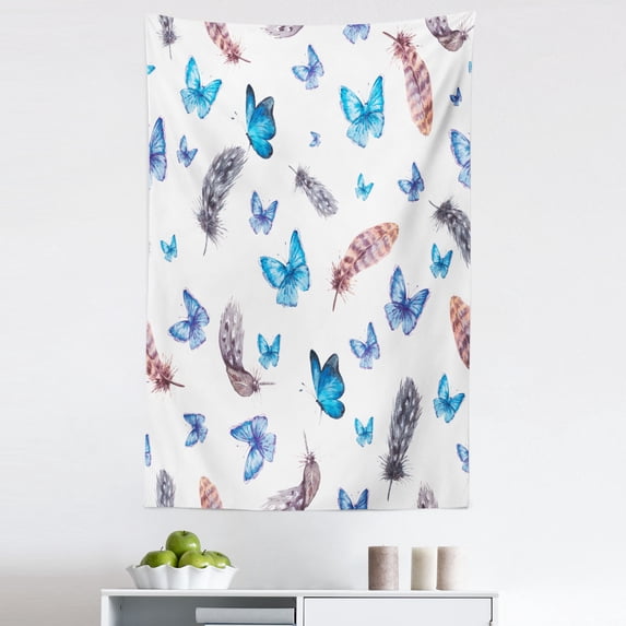 Vintage Tapestry, Feathers and Butterflies Watercolor Style Image Print Vintage Style Print, Fabric Wall Hanging Decor for Bedroom Living Room Dorm, 5 Sizes, Blue White Grey, by Ambesonne