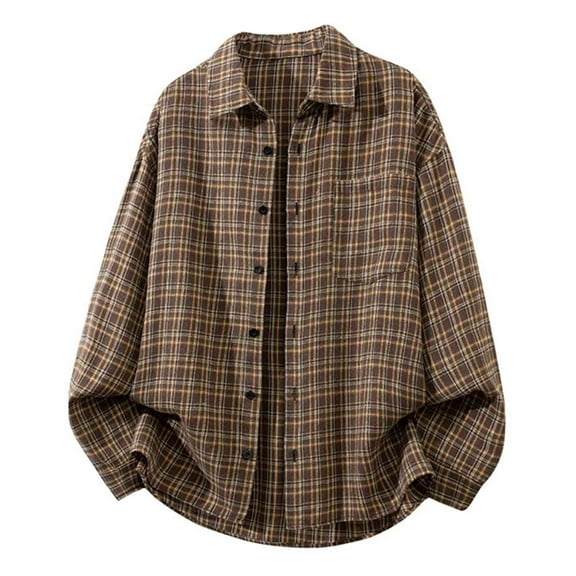 KeShDi Flannel Shirts Men Plaid Fashionable Casual Button Long Sleeve Turndown Collar Blouse Shirt Coffee L