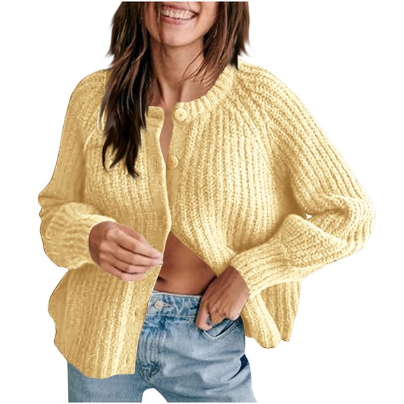 Women's Cute Sweater Jacket Open Front Button Knitted Cardigan Loose Casual Knitwear Outerwear Coats New Yellow XL