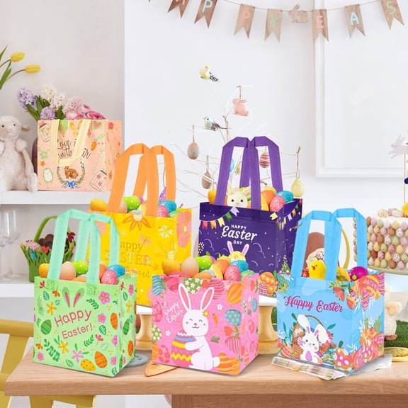 Easter Bags, 6Pack Reusable Bunny Chick Egg Design, Non-Woven Tote Bags with Handles, Gift Bags, Easter Egg Hunt Bags, Fabric Easter Basket