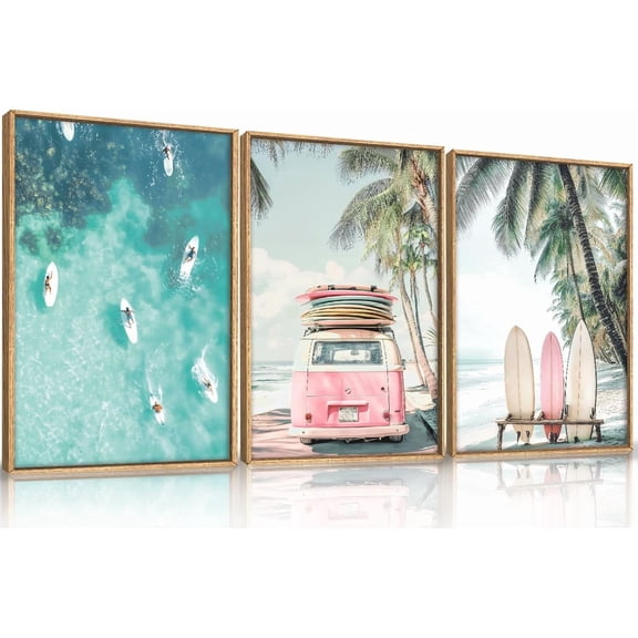 Summer Surfboard Beach Framed Canvas Wall Art Set,Modern Ocean Surfing Seascape Wall Decor,Coastal Bus Coconut Tree Wall Painting,Nature Botanical Art Prints for Living Room, Bedroom-16 x24 x3