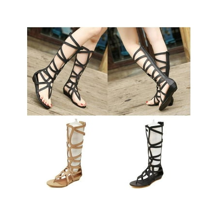 - Meigar Women Knee High Boots Sexy Strappy Open Toe Zipper Gladiator Sandals Flat Shoes