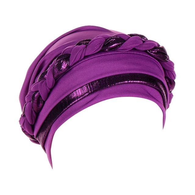 XASZHN Women's Braid Hat Muslim Ruffle Cancer Turban Wrap Cap for Fashion Head Cover with Color Block Design Purple_003 One Size