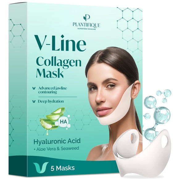 Máscara de colágeno V-Line Plantifique con correa para la barbilla, 5 unidades, para rostro