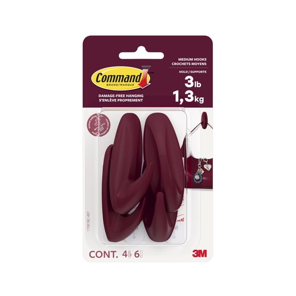 Command Medium Designer Hooks, Black Cherry, Holds 3 lbs, 4 Hooks, 6 Adhesive Strips