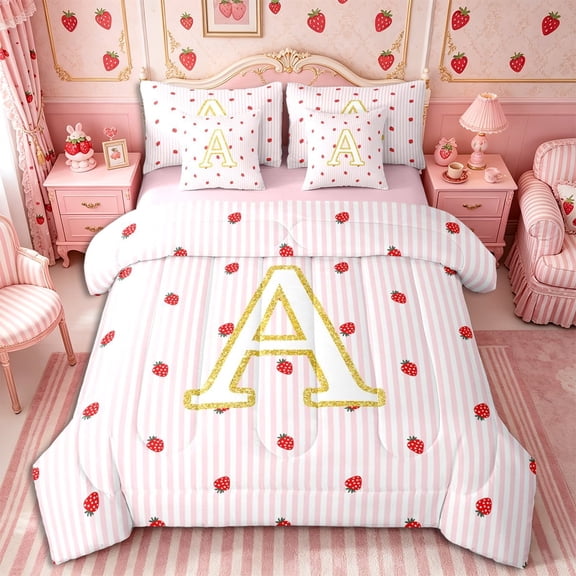 Meiyoeat Cute Gold Letter A Twin Bedding 7-Piece for Girls, Strawberry Stripe Print Bedding Comforter Set, Pink Red,Pink Reversible