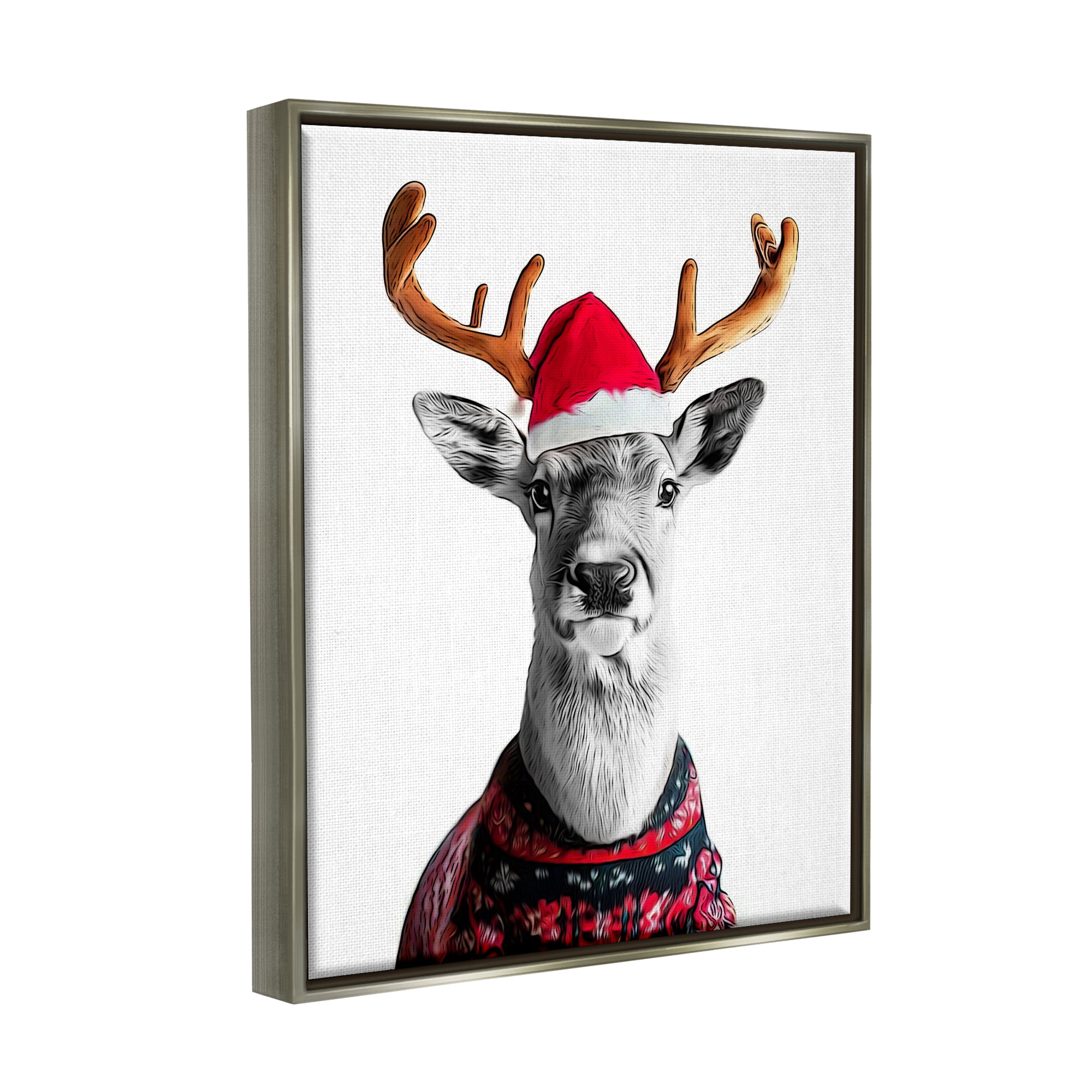Stupell Industries Deer in Holiday Sweater Holiday Painting Gray Floater Framed Canvas Art Print Wall Art, 17 x 21