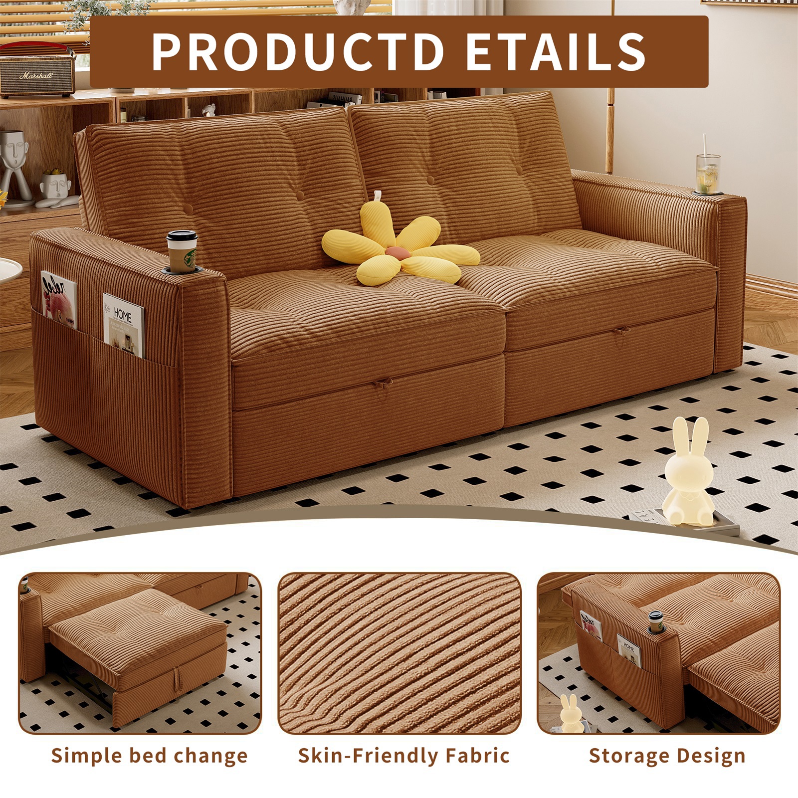 Hommoo 70" Convertible 2-in-1 Pull Out Couch Bed, Multi-Functional Corduroy Loveseat Sleeper Sofa Bed, Orange